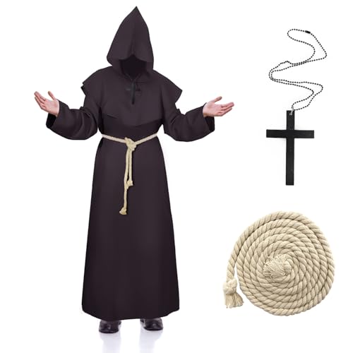 Hukermoon Priester Robe Mönch Kostüm Herren, Pfarrer Kostüm Herren mit Kapuze und Kreuz Halskette, Prister Gewand Mittelalter Mönchskutte Kostüm Herren für Halloween Karneval Cosplay (Braun, XL) von Hukermoon