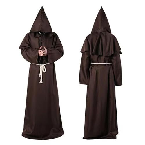 Hukermoon Priester Robe Mönch Kostüm Herren, Pfarrer Kostüm Herren mit Kapuze und Kreuz Halskette, Prister Gewand Mittelalter Mönchskutte Kostüm Herren für Halloween Karneval Cosplay (Braun, L) von Hukermoon