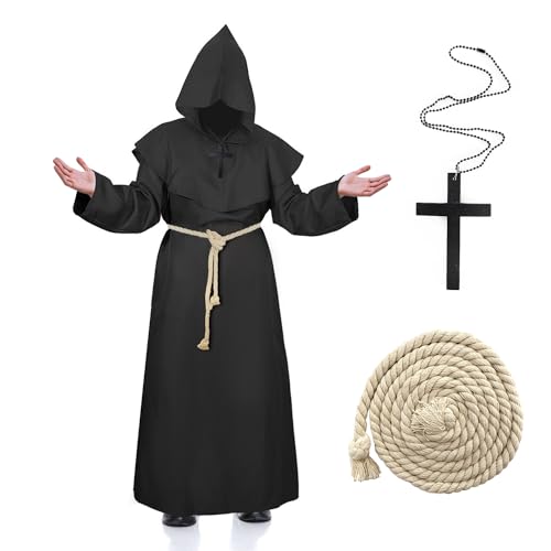 Hukermoon Priester Robe Mönch Kostüm Herren, Pfarrer Kostüm Herren mit Kapuze und Kreuz Halskette, Prister Gewand Mittelalter Mönchskutte Kostüm Herren für Halloween Karneval Cosplay (Schwarz, M) von Hukermoon