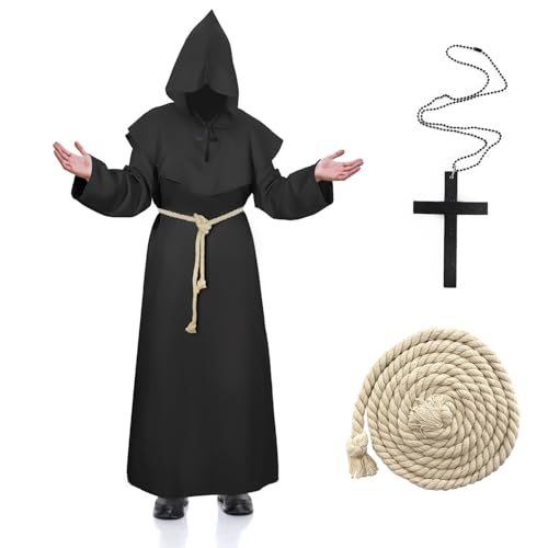 Hukermoon Priester Robe Mönch Kostüm Herren, Pfarrer Kostüm Herren mit Kapuze und Kreuz Halskette, Prister Gewand Mittelalter Mönchskutte Kostüm Herren für Halloween Karneval Cosplay (Schwarz, M) von Hukermoon