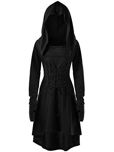 Hukermoon Renaissance Kostüm Damen Mittelalter Kleid mit Kapuze, Gothic Kleid Damen Retro Mittelalterliches Kostüm, Kapuzenkleid Mittelalter Damen für Halloween Karneval Cosplay Party (Schwarz, XL) von Hukermoon