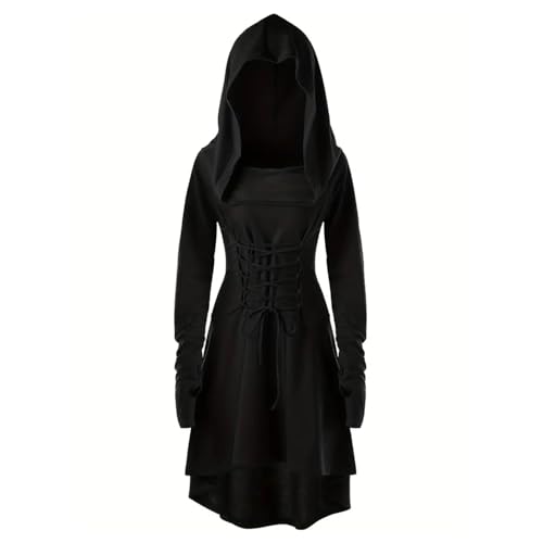 Hukermoon Renaissance Kostüm Damen Mittelalter Kleid mit Kapuze, Gothic Kleid Damen Retro Mittelalterliches Kostüm, Kapuzenkleid Mittelalter Damen für Halloween Karneval Cosplay Party (Schwarz, XL) von Hukermoon