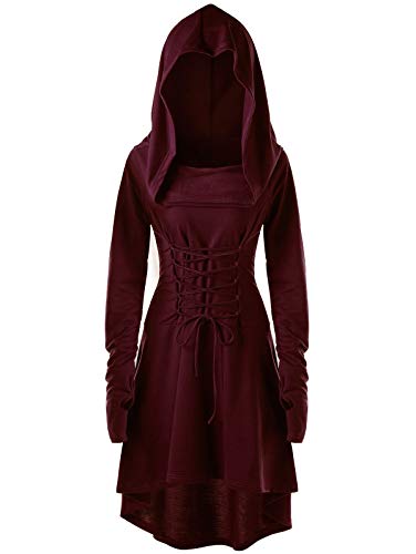 Hukermoon Renaissance Kostüm Damen Mittelalter Kleid mit Kapuze, Gothic Kleid Damen Retro Mittelalterliches Kostüm, Kapuzenkleid Mittelalter Damen für Halloween Karneval Cosplay Party (Weinrot, XXXL) von Hukermoon