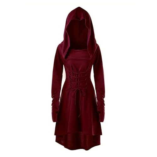 Hukermoon Renaissance Kostüm Damen Mittelalter Kleid mit Kapuze, Gothic Kleid Damen Retro Mittelalterliches Kostüm, Kapuzenkleid Mittelalter Damen für Halloween Karneval Cosplay Party (Weinrot, XL) von Hukermoon