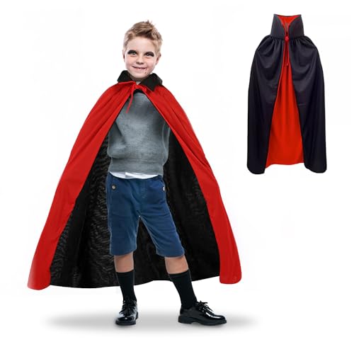 Hukermoon Vampir Umhang Kinder Vampir Umhang Cape Schwarz Rot Doppelseitig Jungen Mädchen Erwachsene Dracula Devil Umhang mit Kragen für Halloween Karneval Masquerade Cosplay Party Kostüm (100CM) von Hukermoon