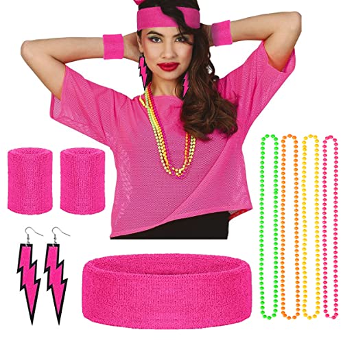 Humairc Karneval Kostüm Damen 80er Jahre Outfit Damen Mädchen Neon Netz Shirt Stirnband Armband Ohrringe Halskette 80er Jahre Accessoires Damen Party von Humairc