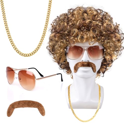 Humairc Halloween Kostüm Afro Perücke Damen Herren Perücke Sonnenbrille Halskette Bart 70er 80er Jahre Outfit für Männer Damen Rocker Perücke Herren Damen (Brau) von Humairc