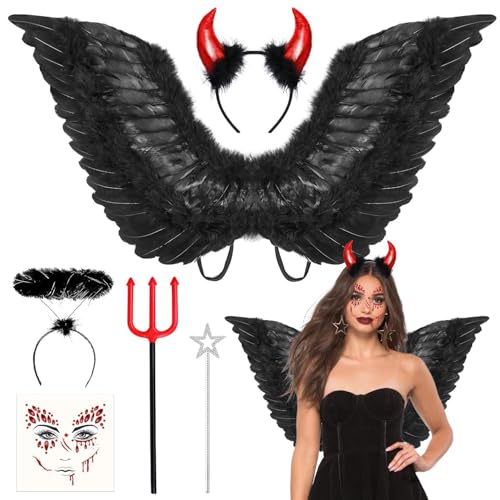 Humairc Halloween Kostüm Damen Mädchen Halloween Teufel Kostüm Schwarz Engelsflügel Teufel Hörner Engel Haarreif Tattoo Damen Mädchen Halloween Kostüm Fasching von Humairc