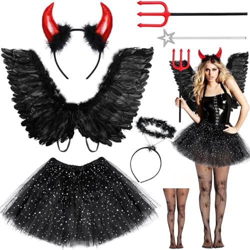 Humairc Karneval Kostüm Damen Teufel Kostüm Tutu Engel Flügel Engel Haarreif Teufel Hörner Strumpf Teufel Kostüm Damen Mädchen Karneval Kostüm für Karneval Halloween Party von Humairc