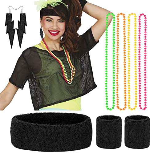 Humairc Karneval Kostüm Damen 80er Jahre Outfit Damen Mädchen Neon Netz Shirt Stirnband Armband Ohrringe Halskette 80er Jahre Accessoires Damen Party von Humairc