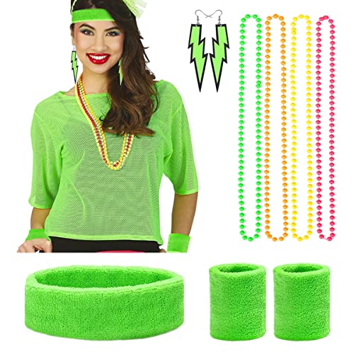 Humairc Karneval Kostüm Damen 80er Jahre Outfit Damen Mädchen Neon Netz Shirt Stirnband Armband Ohrringe Halskette 80er Jahre Accessoires Damen Party von Humairc