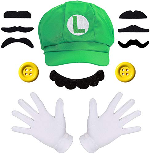 Humairc Super Bros Hüte Accessoires Set Mary Luigy Mützen Schnurrbärte Hosenträger Handschuhe Knöpfe Halloween Cosplay Kostüm, Grün , Large von Humairc