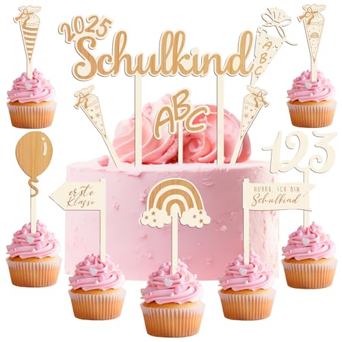 Humairc Tortendeko Einschulung 10tgl. aus Holz Junge Mädchen Schulkind Zuckertüte Cake Topper ABC 123 Cupcake Torte Deko Kuchendeko Schulanfang von Humairc