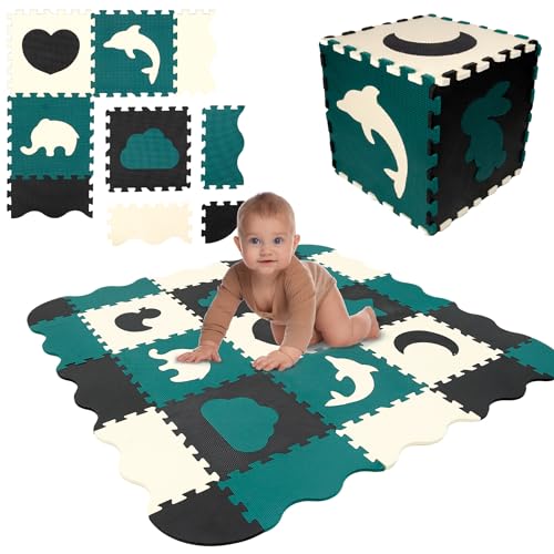 Humbi Puzzlematte Eva Schaumstoff für Babys und Kinder Spielmatte Fitnessmatte Schutzmatte Poolmatte 31,5 x 31,5 x 1 cm 34 Teile Tiere Farbe schwarz creme dunkelgrün von Humbi