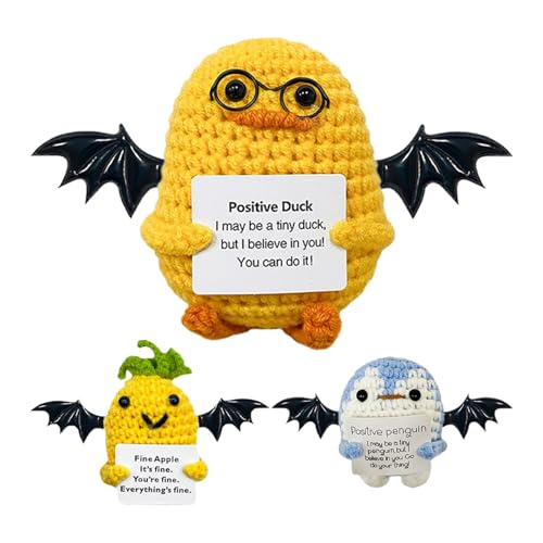 Humdcdy Positive Gehäkelte Halloween, 3 Stück Pinguin Enten Und Ananas Halloween Häkelpuppen Mit Emotionaler Unterstützungskarte, Süße Strickpuppen Als Geschenke Für Familie Und Freunde von Humdcdy