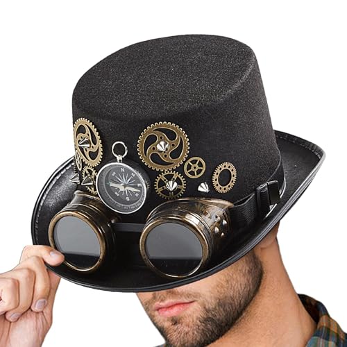 Humdcdy Steampunk Zylinder, Unisex Steampunk Zylinder Mit Schutzbrillen Outfit, Halloween Steampunk Hut Für Cosplay Maskerade von Humdcdy