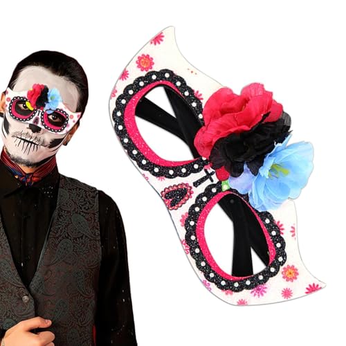 Humdcdy Tag der Toten Gesichtsmaske - Dress-up Party Gesichtsmaske Rollenspiel Maske - Halloween Kostüm Gesichtsmaske verziert mit künstlichen Blumen und Totenkopf für Kostümpartys von Humdcdy