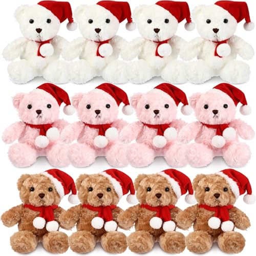 Hungdao 12 Stück 24 cm große Weihnachtsbären Stofftiere mit Weihnachtsmann-Wintermützen und Schals, weiches Plüschtier, Geschenk für Kinder, Mädchen, Jungen, Weihnachts-Partygeschenke von Hungdao