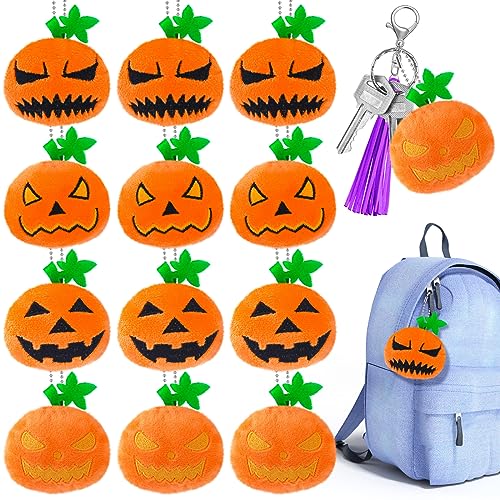 Hungdao 12 Stück Halloween Kürbis Plüschtier Kleine Gefüllte Kürbis Plüschpuppe Weiche Halloween Ornamente Kürbis Schlüsselanhänger Anhänger mit Horror-Ausdruck für Halloween Karneval Party von Hungdao