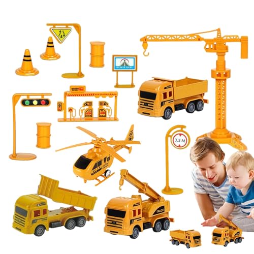 HunicandIU Baufahrzeuge-Spielset für Kinder,BAU-LKW-Spielzeugset, Druckguss-BAU-LKW, zurückziehbares Konstruktionsspielzeug, Transport-LKW-Spielzeug-Bagger-Kran-Fahrzeug-Spielset für von HunicandIU