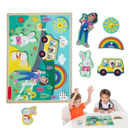 Ms Rac-hel Holz Steckpuzzle Mit Liedern, 6er-Set Miss Rac-hel Vorschulspielzeug, Holz Steckpuzzlebrett, Puzzle Mit Zeichentrickszenen, Steckpuzzle Holz Ab 2 Jahre von HunicandIU