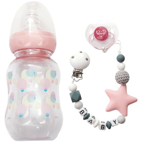 3pcs Puppenzubehör Kunststoff Babypuppenzubehör mit Milchflasche, Schnuller und Schnullerkette DIY Babypuppenzubehör Geschenk zur Förderung der Entwicklungsfähigkeiten von Huraoerrrr