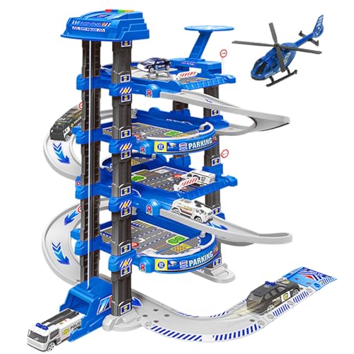 Garage Spielzeug 1 Set 4 Schicht polizeiliche mit Heliport & Lifter Easy Assembly Toy Car Ramp mit Launcher Interactive Developmental Toy Car Track, Geschenke für Jungen Spielzeugauto Track von Huraoerrrr