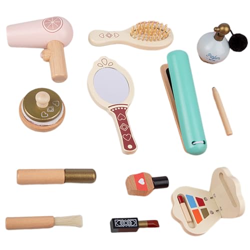 Holz Make -up -Spielzeugset tun Make -up -Kit mit Curling -Eisen, Haartrockner, Kamm, Spiegel, Lippenstift, Wimperntusche, Parfüm und mehr pädagogischem Kleinkind -Make -up -Kit für Girls Style 1 von Huraoerrrr