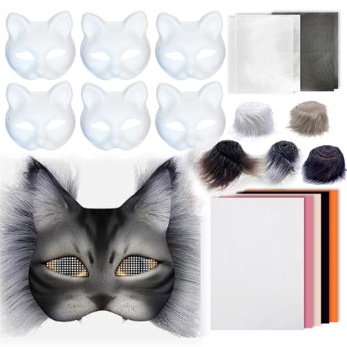 Huraoerrrr 1Set Therian Mask Kit mit Wollstreifennetz Stoff Halbgesicht Katze Maske Lustiges Kleid zur DIY Paint Therian Maske für Halloween-Make-up-Rollenspiele Cosplay-Party von Huraoerrrr