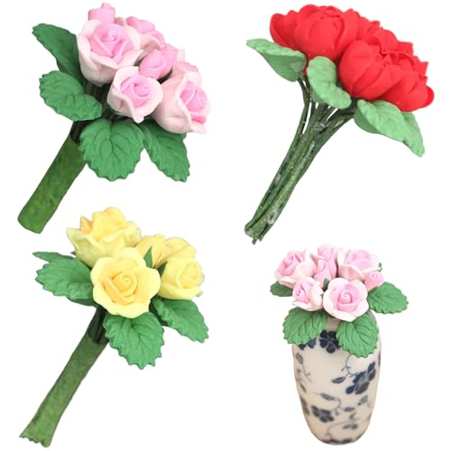 Huraoerrrr 3pcs Dollhouse Blumen 1:12 Harz realistische Rosen Miniaturblüten für Handwerk, künstliche winzige und ultraleichte Miniaturanlagen für Dollhouse Decoration von Huraoerrrr