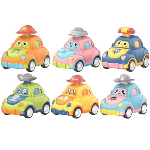 Huraoerrrr 6PCS Toy Cars Press und Go Cars Toys mit Taxi, Krankenwagen, SCOL-Bus und intelligentere selbstfahrende Spielfahrzeuge für Säuglinge 6-18 Monate, Geburtstagsgeschenke für Jungen Mädchen von Huraoerrrr