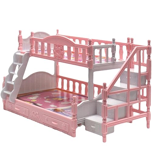 Huraoerrrr Babypuppe Etagenbett für Mädchen Miniatursimulation Süßes Cartoon Dollhouse Bett mit Treppe Plastikpuppenhaus Möbel Geburtstag Geschenk von Huraoerrrr