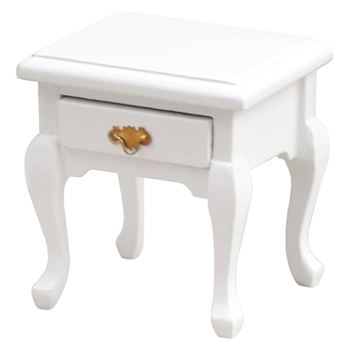 Huraoerrrr Dollhouse Side Table mit Schublade 1:12 Hölzer Dollhouse Endtisch Realistische weiße Puppenhaus Tisch DIY-freundlichem Puppenhausmöbel für Schlafzimmer von Huraoerrrr