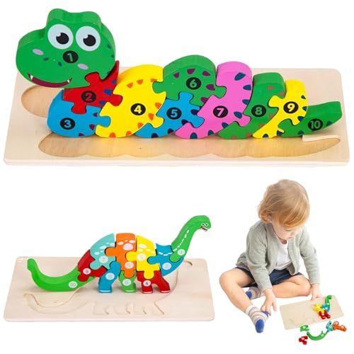 Huraoerrrr Holzrätsel für Kleinkinder, 2pcs farbenfrohe Schlangen- und Dinosaurier -Rätsel, lustige Kleinkind -Rätsel, pädagogische Holzpuzzle Rätsel für Kinder Jungen Mädchen 3+ von Huraoerrrr