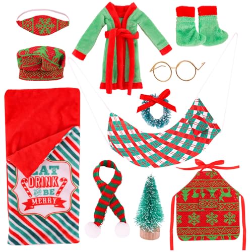 Huraoerrrr Weihnachts -Elf -Kit Süßes Mini -Elf -Accessoires mit Schlafsack, Bademantel, Hut, Brille, Okular, Schal, Hängematte Elf Puppenzubehör für Puppendekoration Style 2 von Huraoerrrr