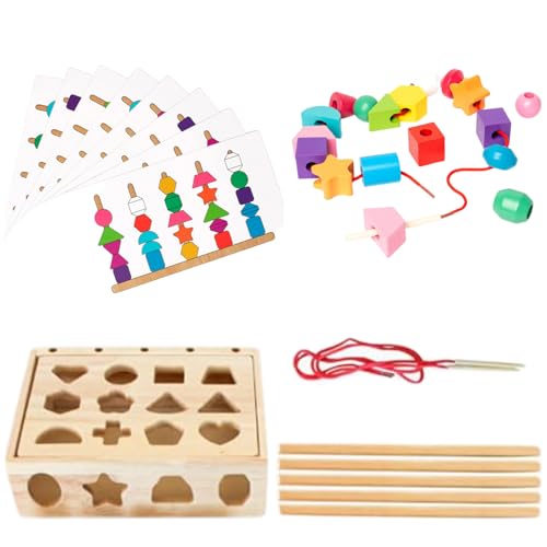 Montessori Holzperlen Sequenzierung Spielzeug Set 4 in 1 Bildungsspielzeug für Sequenzierung, Formsortierung, Stapel und Schnürung Perlen Glatte Bunte hölzerne Vorschulspielzeuggeschenke für Kinder von Huraoerrrr