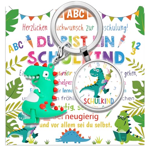 HusDow Einschulung Geschenk Jungen Mädchen- Inhalt Schultüte Füllung Glücksbringer Dino Schlüsselanhänger, Schulkind Geschenk, Schulanfang Geschenke Jungen mit Grußkarte Umschl von HusDow