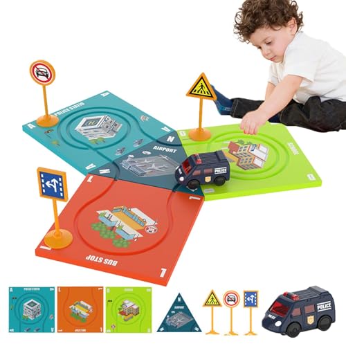 Husoiuy Magnetische Puzzle-Rennstrecke, Puzzle-Rennwagen-Streckenset - Magnetische Rennwagen-Bodenpuzzles für Kinder | Batteriebetriebene Montage-Straßenauto-Modell-Puzzlebahn für und Mädchen von Husoiuy