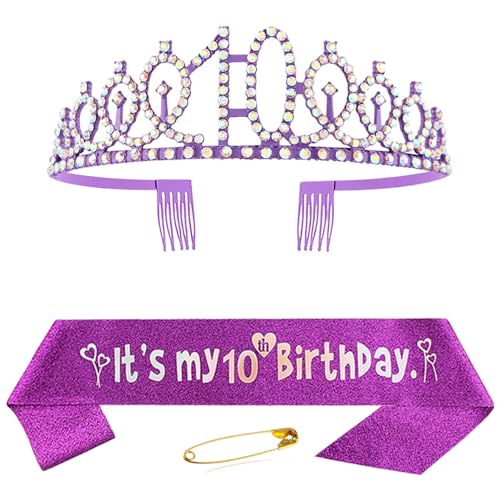 10. Geburtstag Schärpe und Krone für Mädchen Lila Kristall Queen Tiara Princess Crown 10th Birthday Schärpe 10. Geburtstagskrone Birthday Party Accessoires Geburtstagsdeko 10th Geburtstagsgeschenk von Huture