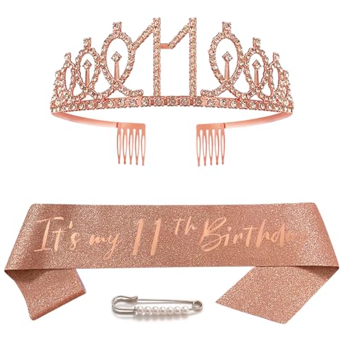 11. Geburtstag Schärpe Krone für Mädchen Roségold Kristall Queen Tiara Princess Crown 11th Birthday Schärpe 11. Geburtstagskrone Birthday Party Accessoires Geburtstagsdeko 11th Geburtstagsgeschenk von Huture