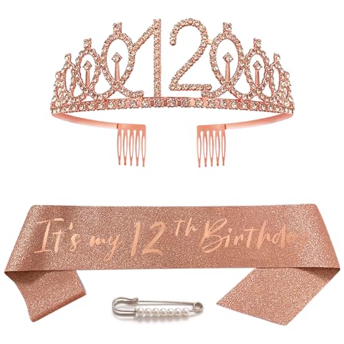 12. Geburtstag Schärpe Krone für Mädchen Roségold Kristall Queen Tiara Princess Crown 12th Birthday Schärpe 12. Geburtstagskrone Birthday Party Accessoires Geburtstagsdeko 12th Geburtstagsgeschenk von Huture