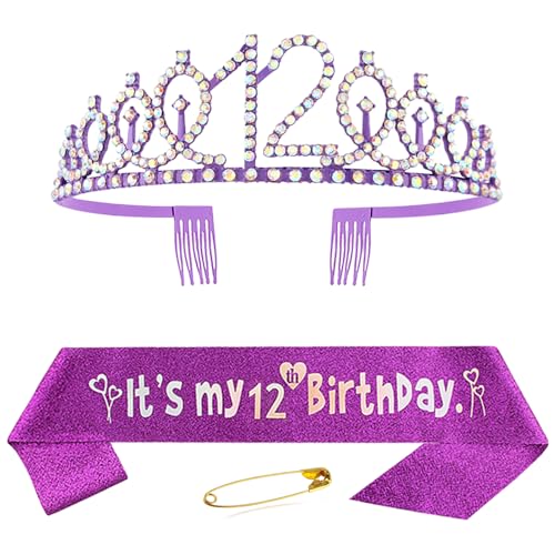 12. Geburtstag Schärpe und Krone für Mädchen Lila Kristall Queen Tiara Princess Crown 12th Birthday Schärpe 12. Geburtstagskrone Birthday Party Accessoires Geburtstagsdeko 12th Geburtstagsgeschenk von Huture