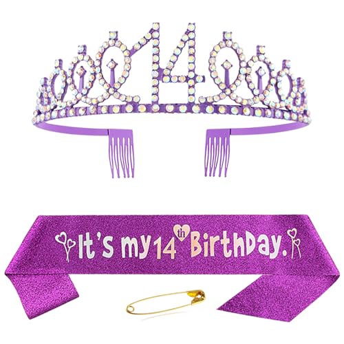 14. Geburtstag Schärpe und Krone für Mädchen Lila Kristall Queen Tiara Princess Crown 14th Birthday Schärpe 14. Geburtstagskrone Birthday Party Accessoires Geburtstagsdeko 14th Geburtstagsgeschenk von Huture