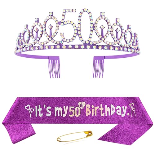 50. Geburtstag Schärpe Krone für Frauen Damen Lila Kristall Queen Tiara Princess Crown 50th Birthday Schärpe 50. Geburtstagskrone Birthday Party Accessoires Geburtstagsdeko 50th Geburtstagsgeschenk von Huture