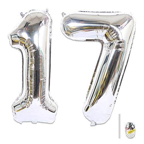 Huture 2 Luftballons Zahl 17 Figuren Aufblasbar Helium Folienballon Große Folienmylar Ballons Riesen Silber Ballons 40 Zoll Luftballons Zahl für Geburtstag Party Dekoration Abschlussball XXL 100cm von Huture