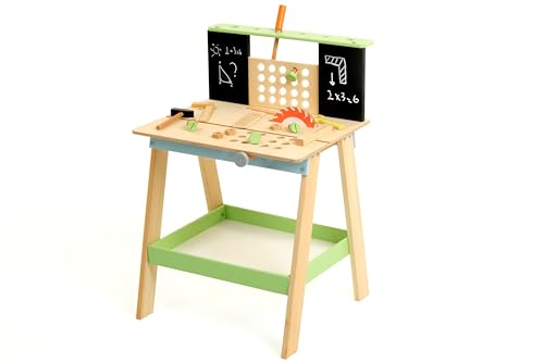 Huuks ® Robuste Kinder-Werkbank Felix aus Holz – Realistischer Werkstatttisch für Kleine Handwerker – Inklusive Werkzeugset und Zubehör – Perfekte Werkbank für Jungen und Mädchen ab 3 Jahren von Huuks