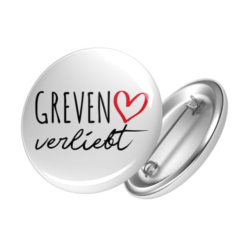 Huuraa Button Greven verliebt Ansteckbutton Größe 59mm mit Namen deiner Lieblingsstadt in Nordrhein-Westfalen Geschenk Idee für Freunde und Familie von Huuraa