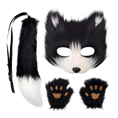 Huvqianu Plush Wolf Face Cover Kit, Furry Fox Face Cover Tail Paw Gloves Set, Cosplay Accessories, Funny Animal Costume 7.68x7.48 inches for Halloween, Soft and Comfortable Design von Huvqianu