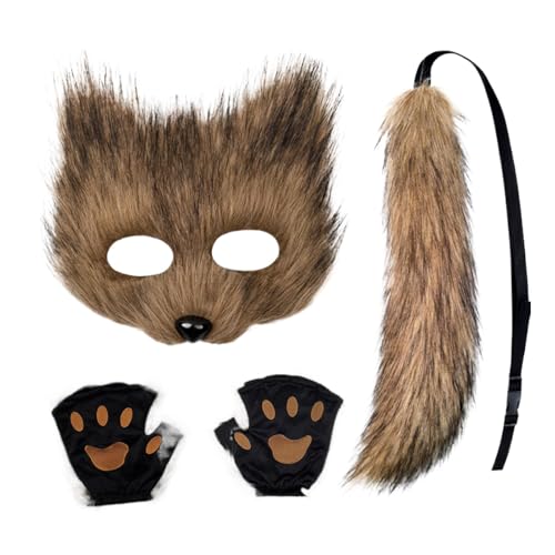 Huvqianu Plush Wolf Face Cover Kit, Furry Fox Face Cover Tail Paw Gloves Set, Cosplay Accessories, Funny Animal Costume 7.68x7.48 inches for Halloween, Soft and Comfortable Design von Huvqianu