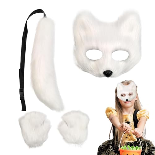 Huvqianu Plush Wolf Face Cover Kit, Furry Fox Face Cover Tail Paw Gloves Set, Cosplay Accessories, Funny Animal Costume 7.68x7.48 inches for Halloween, Soft and Comfortable Design von Huvqianu